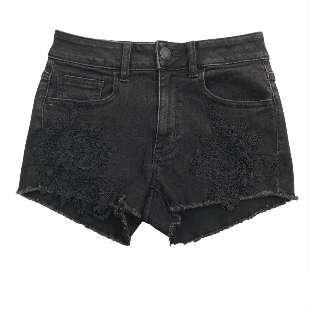 American Eagle Outfitters Black Denim Lace-Appliqué Jean Shorts NEW WITHOUT TAGS